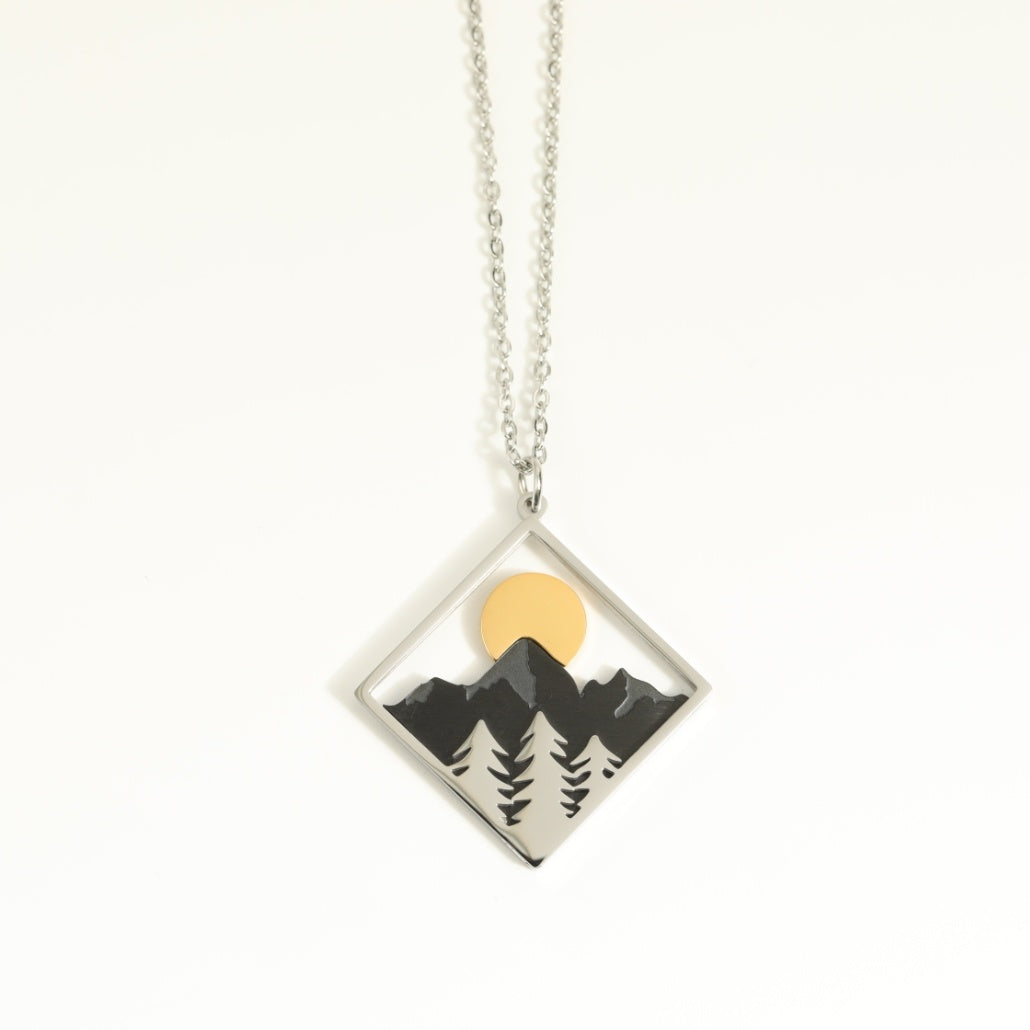 Landscape Necklace Steel Color Forest Moon Mountains