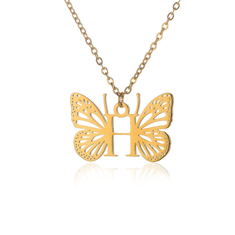 New Personality Niche Design Stainless Steel Butterfly 26 Letter Necklace