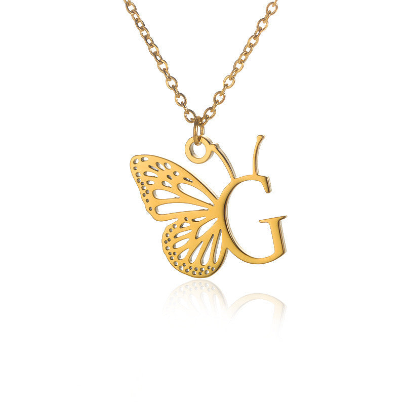 New Personality Niche Design Stainless Steel Butterfly 26 Letter Necklace