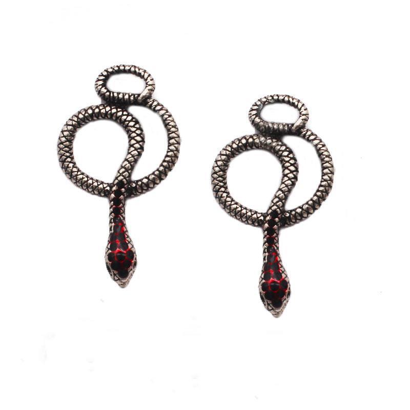 Retro Silver Dark Punk Snake-shaped Red Head Enamel Earrings