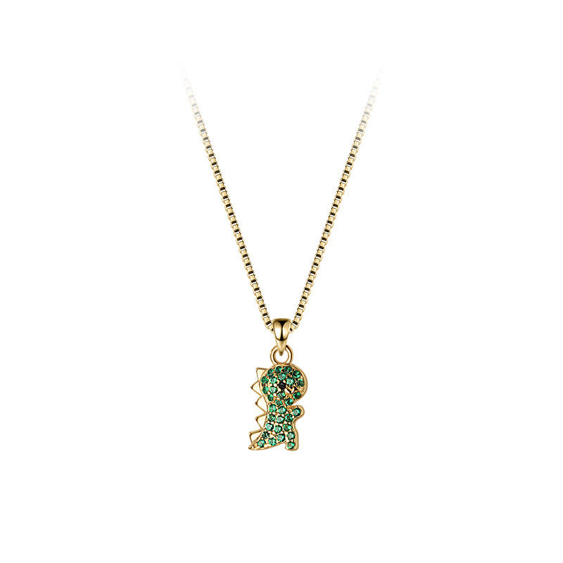 Silver Cute Little Dinosaur Green Diamond Little Necklace