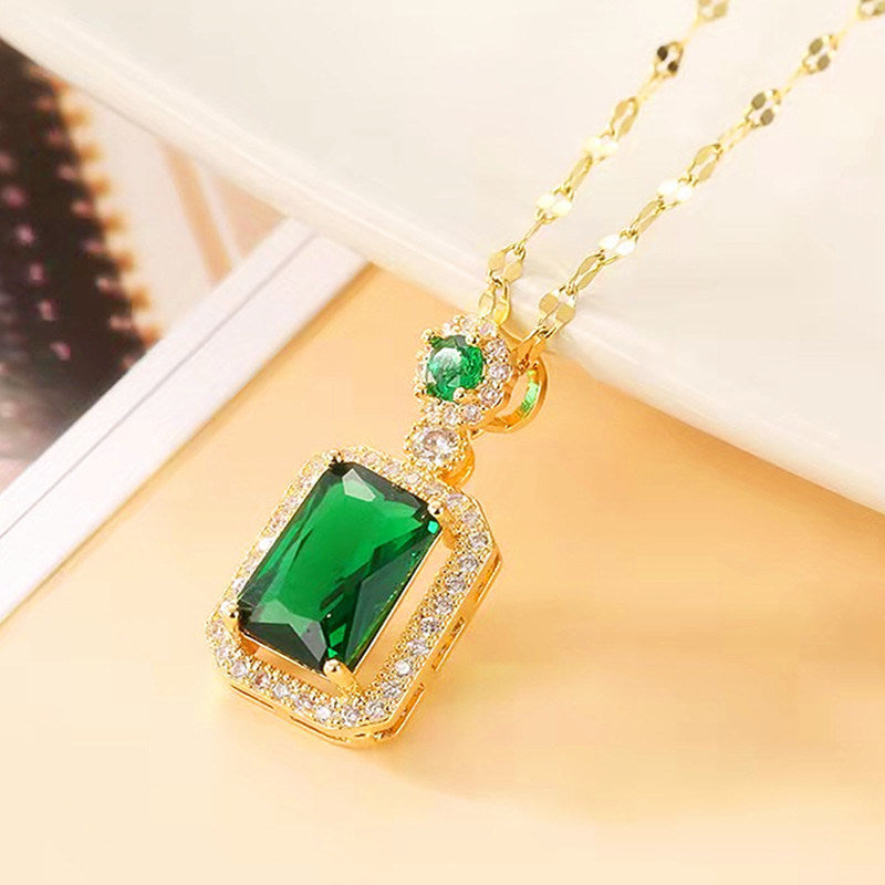 Women's Niche Retro Square Emerald Titanium Steel Necklace