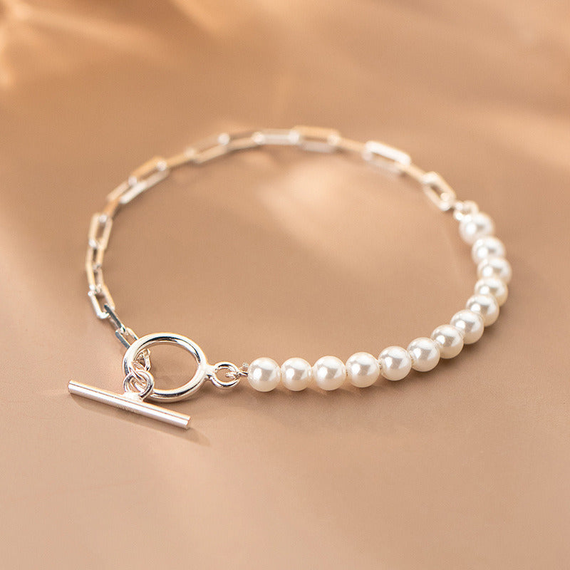 Silver Beads Synthetic Pearl Oval Cutout Bracelet