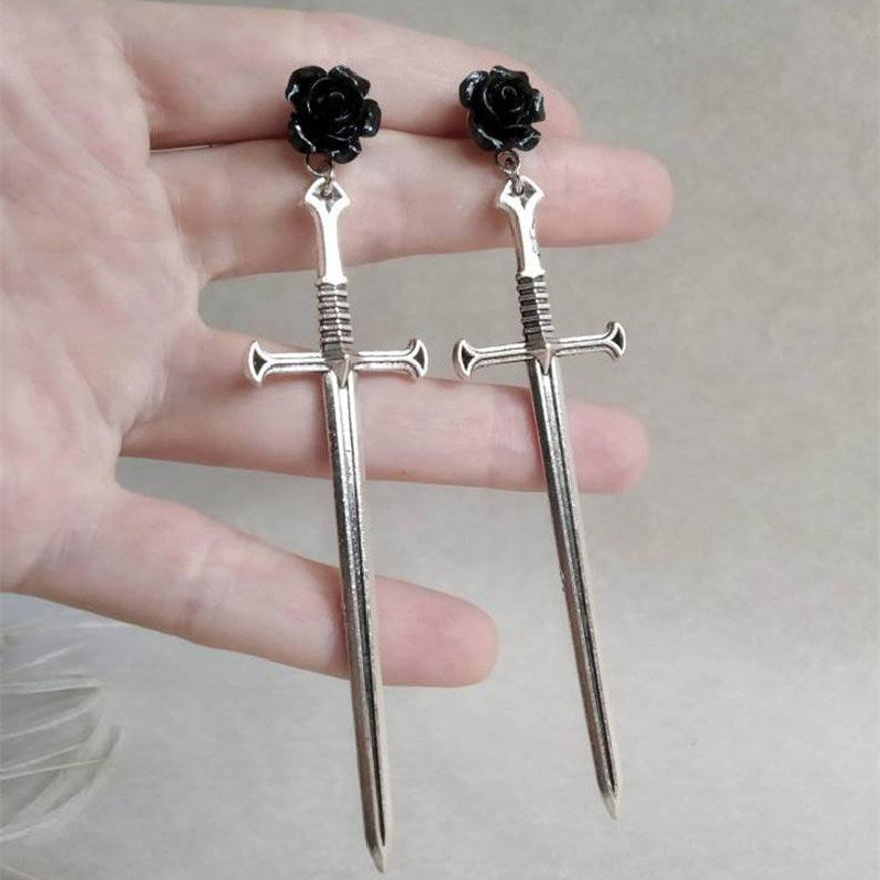 Gothic Long Sword Black Rose Earrings