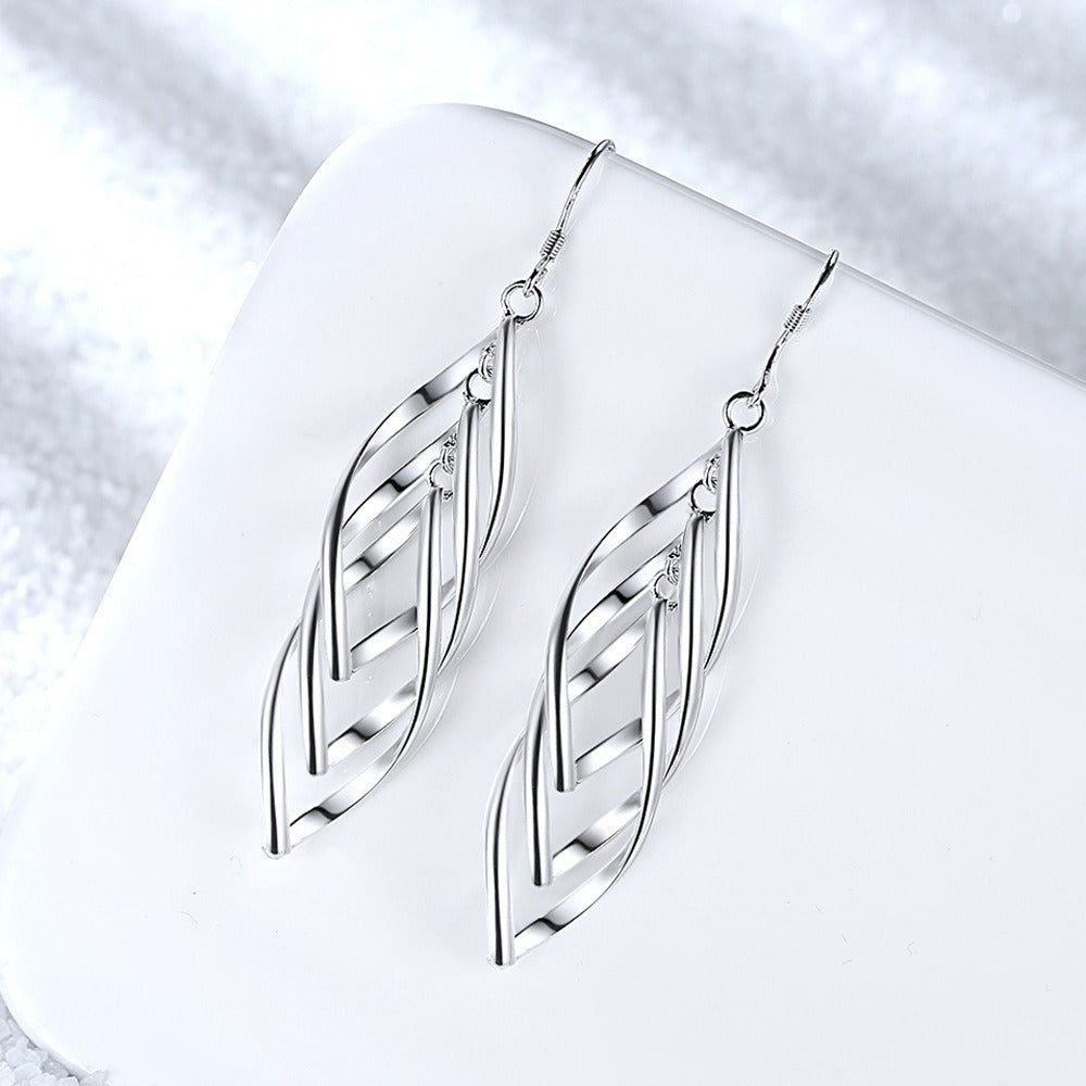 Silver Plated Double Twist Tassel Earrings Thin Face Internet Hot Korean Style Wave Super Fairy Hanging Earrings Female Twist Three-line Earrings