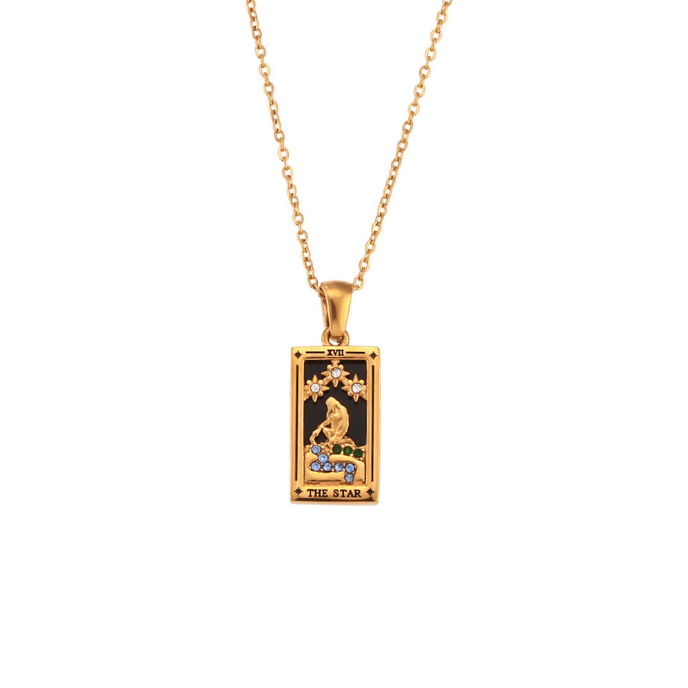 Fashion Tarot Necklace With Rhinestones Diamond Set Pendant Stainless Steel Rectangular Drip Necklace Jewelry