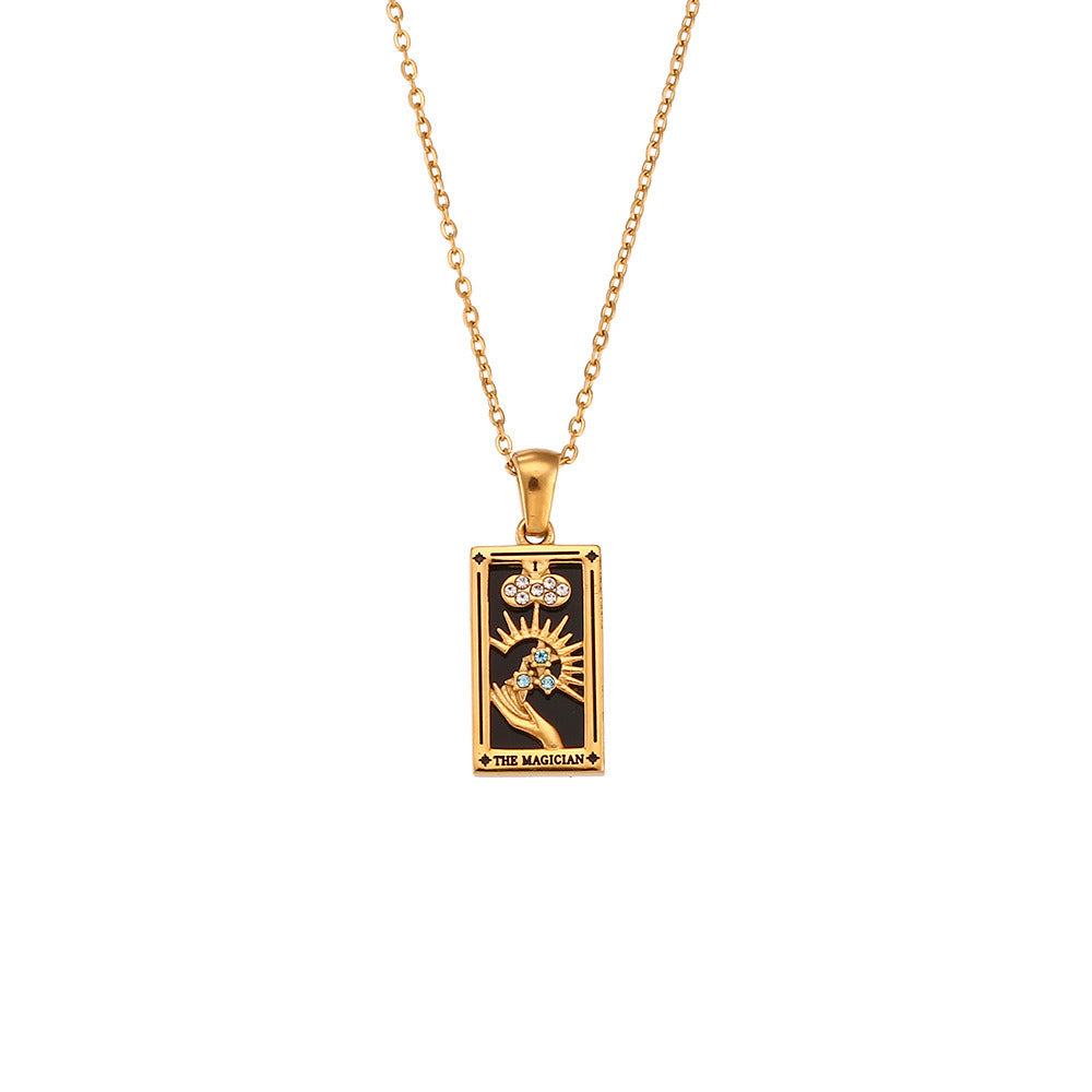 Fashion Tarot Necklace With Rhinestones Diamond Set Pendant Stainless Steel Rectangular Drip Necklace Jewelry