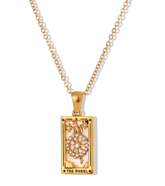 Fashion Tarot Necklace With Rhinestones Diamond Set Pendant Stainless Steel Rectangular Drip Necklace Jewelry