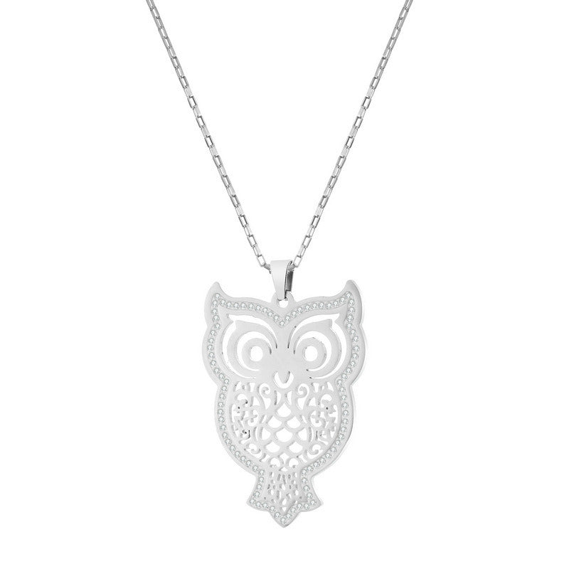 Women's Stainless Steel Set Zircon Owl Pendant Necklace