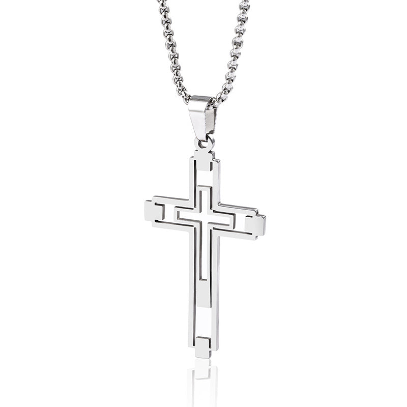 Hip Hop Titanium Steel Hollow Double Cross Pendant Necklace