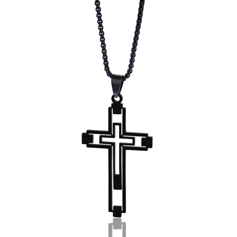 Hip Hop Titanium Steel Hollow Double Cross Pendant Necklace