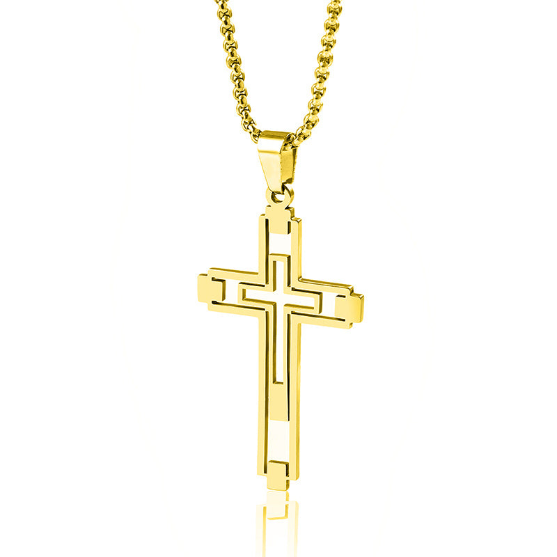 Hip Hop Titanium Steel Hollow Double Cross Pendant Necklace