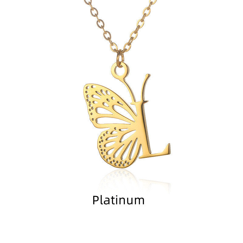 New Personality Niche Design Stainless Steel Butterfly 26 Letter Necklace