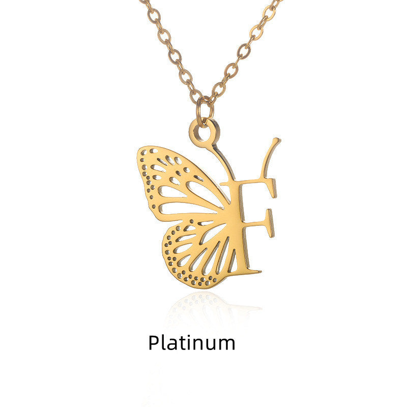 New Personality Niche Design Stainless Steel Butterfly 26 Letter Necklace