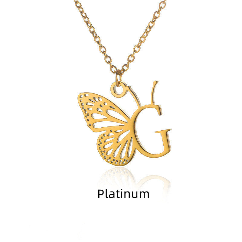 New Personality Niche Design Stainless Steel Butterfly 26 Letter Necklace