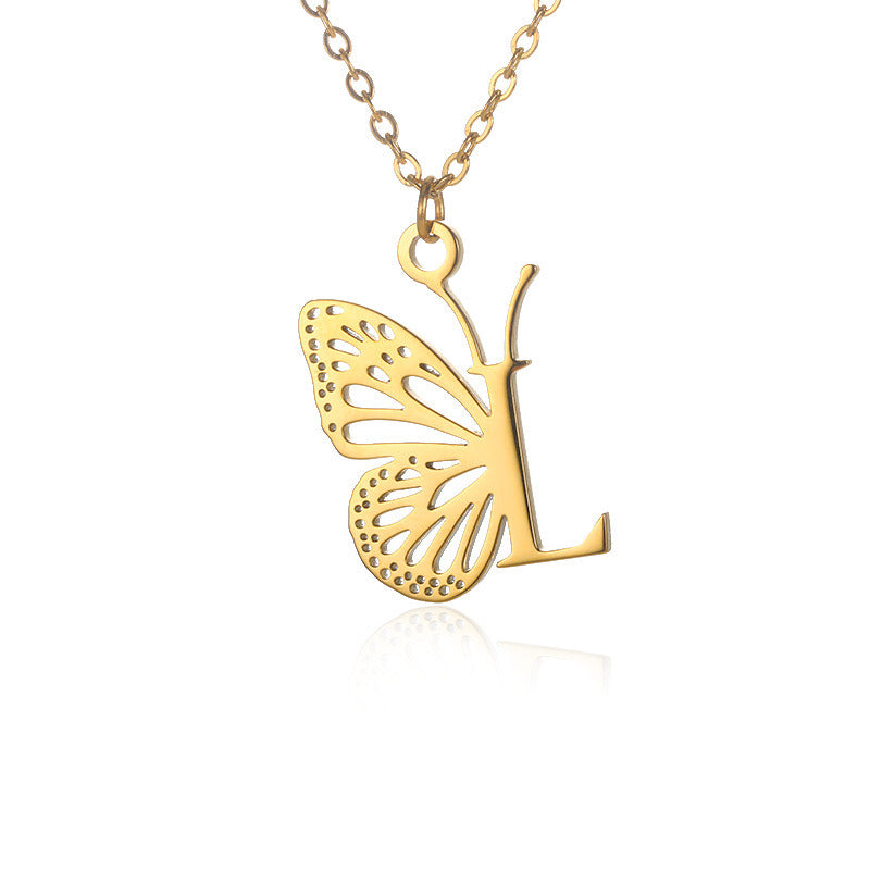 New Personality Niche Design Stainless Steel Butterfly 26 Letter Necklace