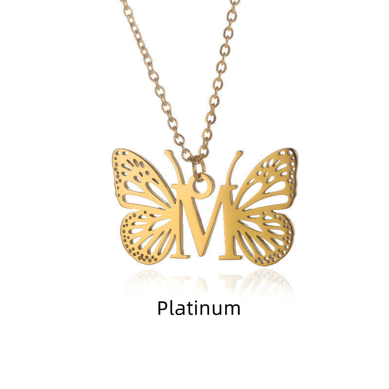 New Personality Niche Design Stainless Steel Butterfly 26 Letter Necklace