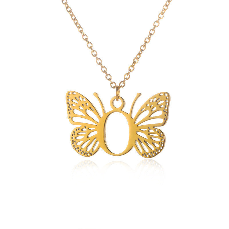 New Personality Niche Design Stainless Steel Butterfly 26 Letter Necklace