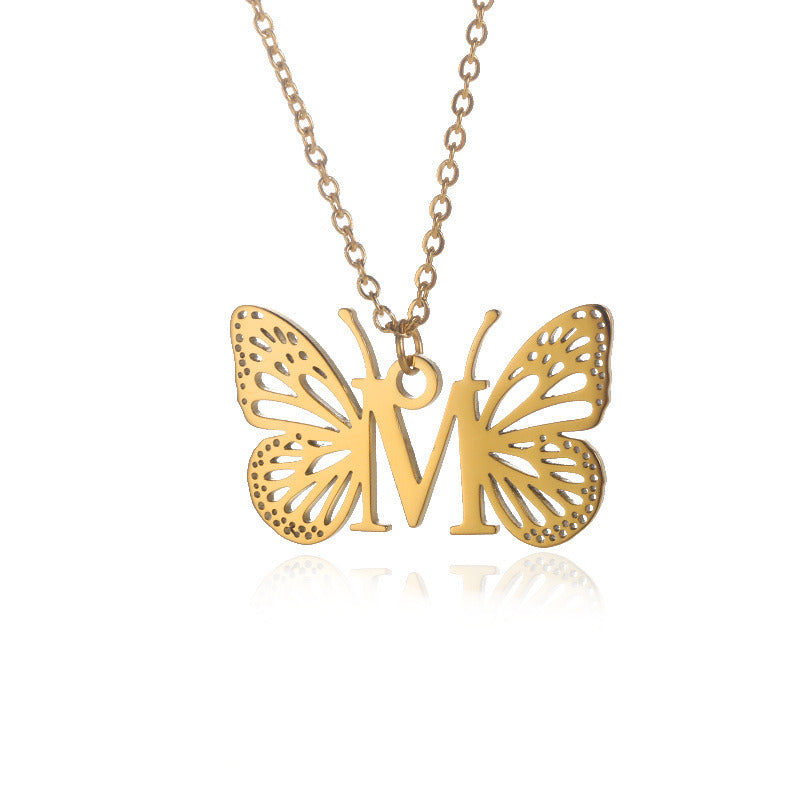 New Personality Niche Design Stainless Steel Butterfly 26 Letter Necklace