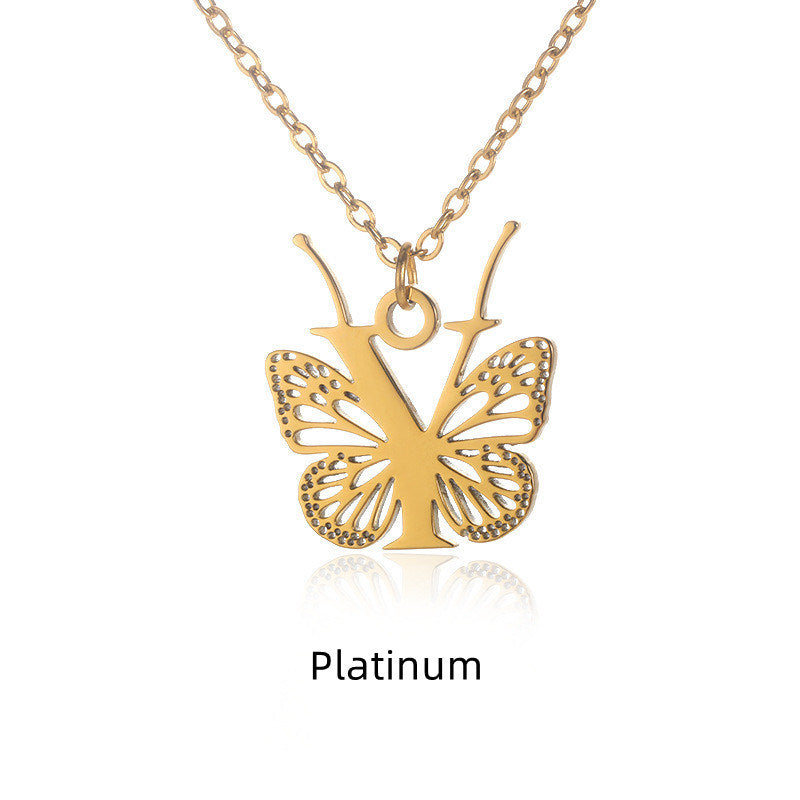 New Personality Niche Design Stainless Steel Butterfly 26 Letter Necklace