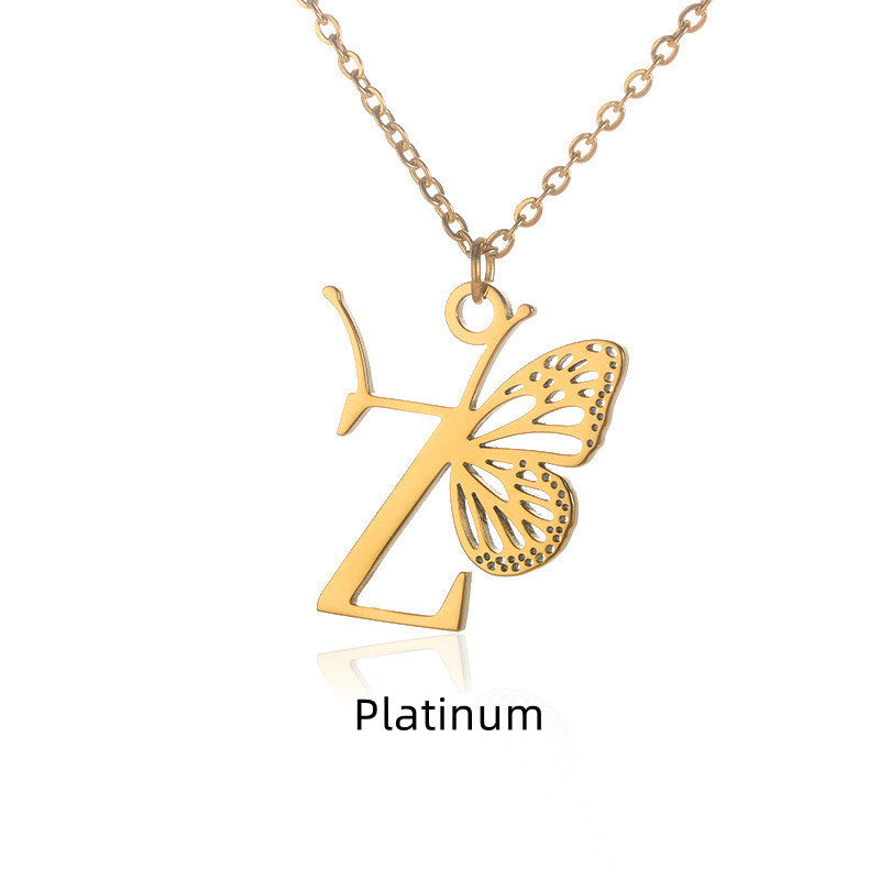 New Personality Niche Design Stainless Steel Butterfly 26 Letter Necklace