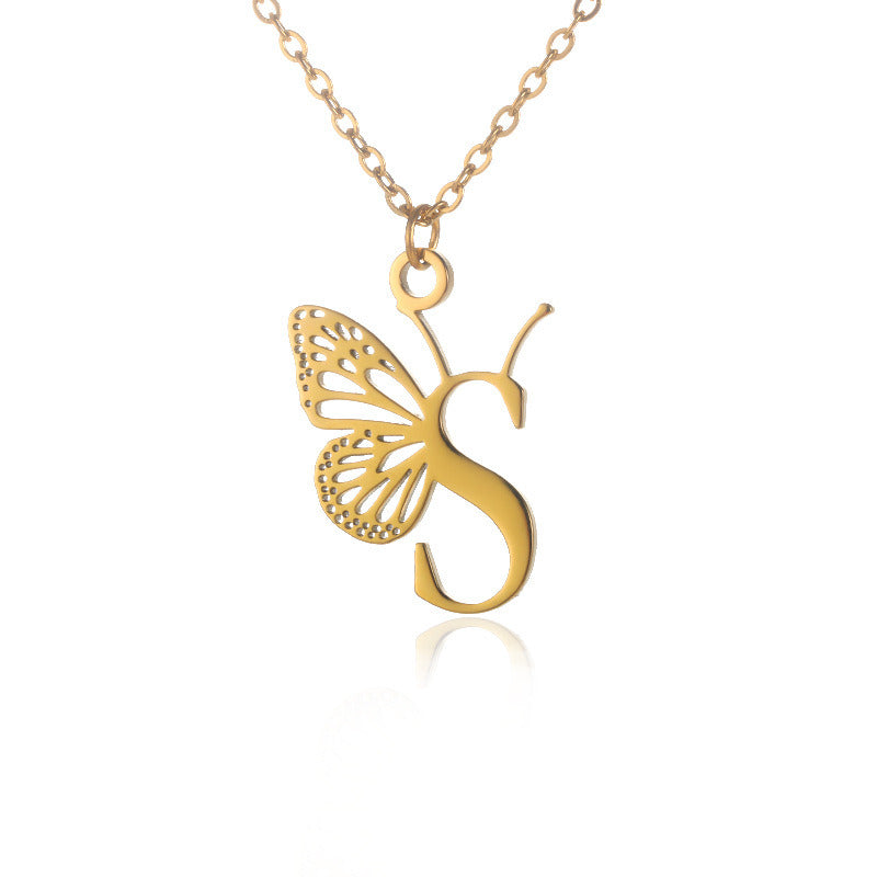 New Personality Niche Design Stainless Steel Butterfly 26 Letter Necklace