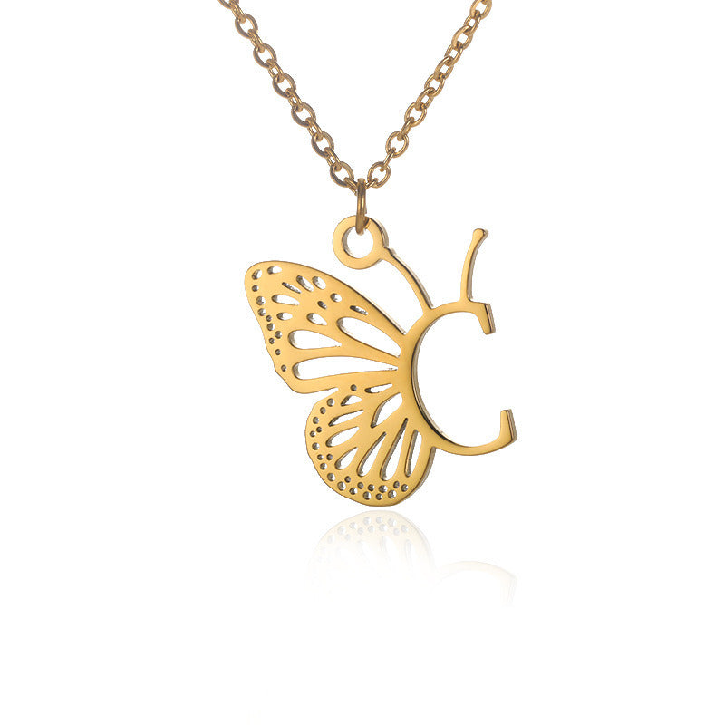 New Personality Niche Design Stainless Steel Butterfly 26 Letter Necklace