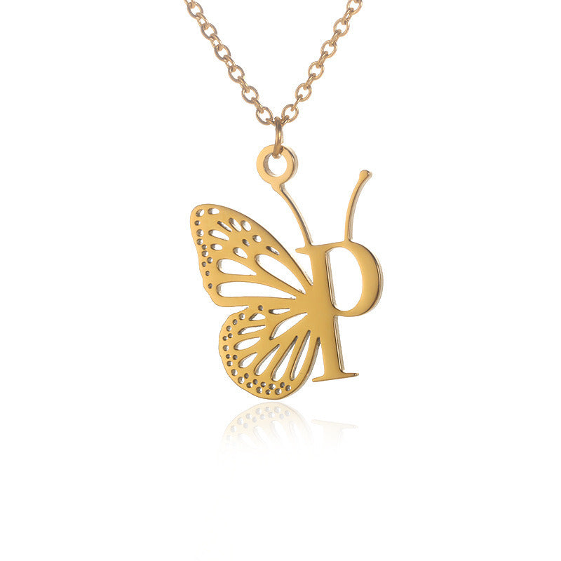 New Personality Niche Design Stainless Steel Butterfly 26 Letter Necklace