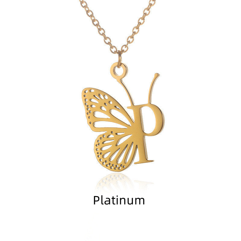 New Personality Niche Design Stainless Steel Butterfly 26 Letter Necklace