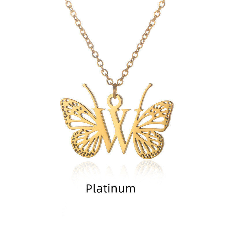 New Personality Niche Design Stainless Steel Butterfly 26 Letter Necklace