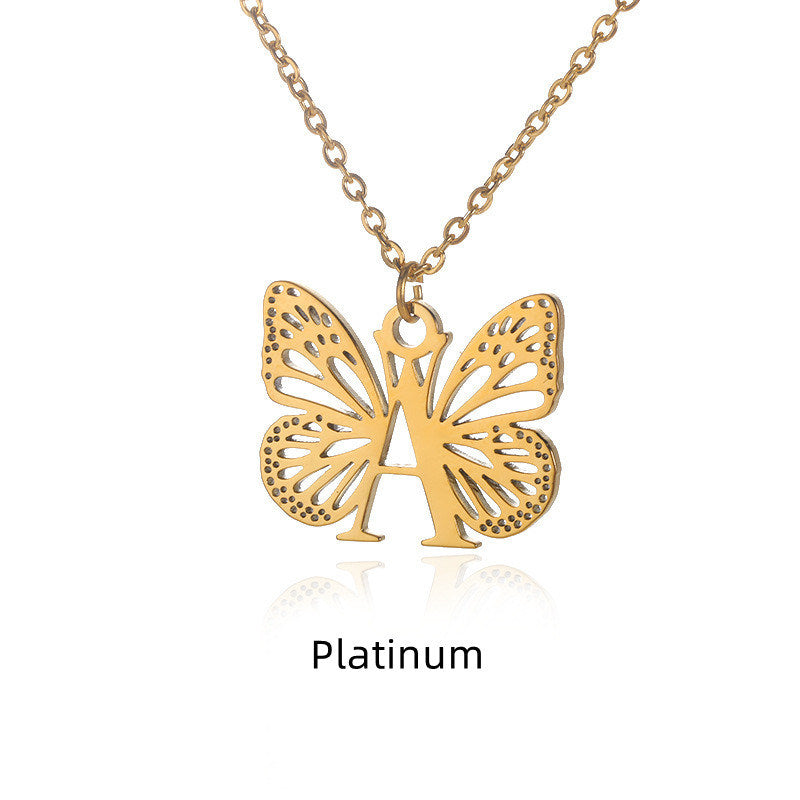 New Personality Niche Design Stainless Steel Butterfly 26 Letter Necklace