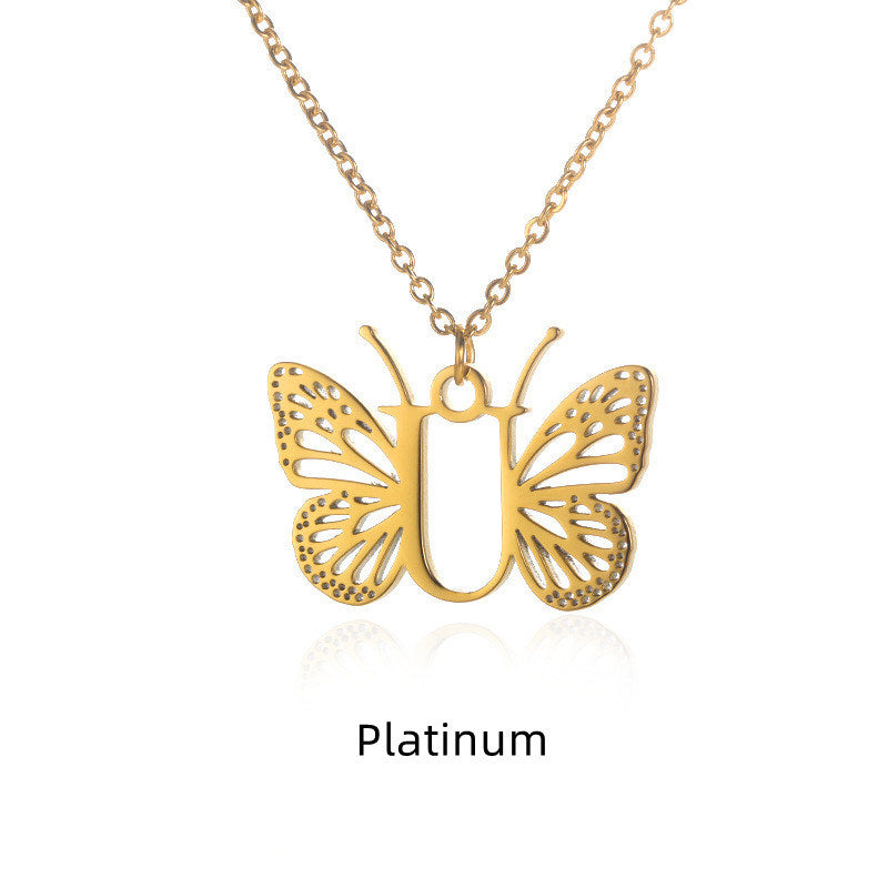 New Personality Niche Design Stainless Steel Butterfly 26 Letter Necklace