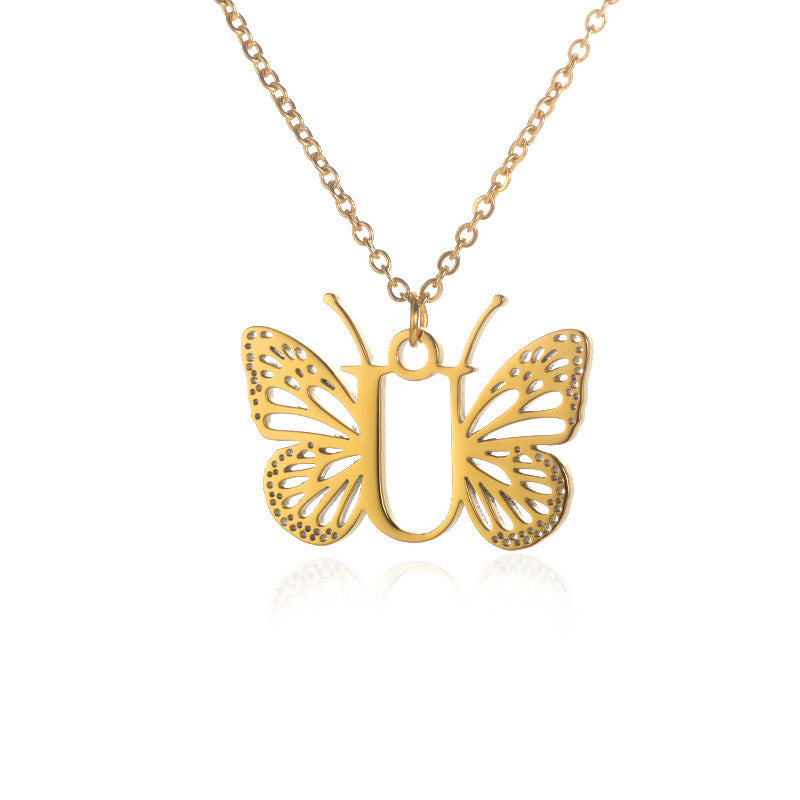 New Personality Niche Design Stainless Steel Butterfly 26 Letter Necklace