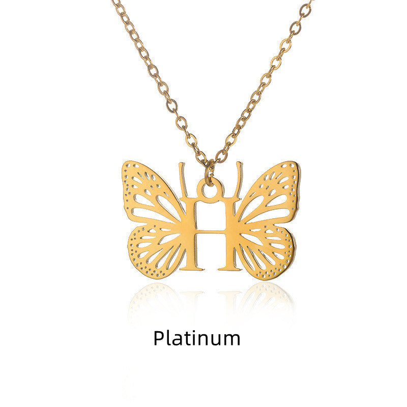 New Personality Niche Design Stainless Steel Butterfly 26 Letter Necklace