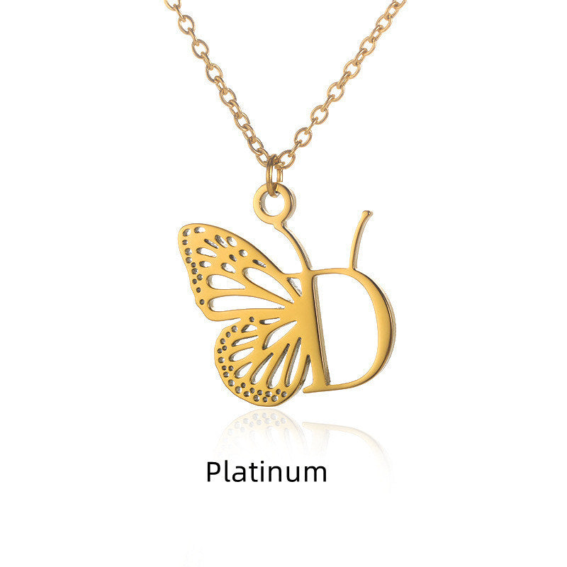 New Personality Niche Design Stainless Steel Butterfly 26 Letter Necklace