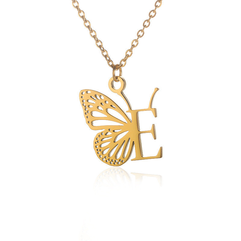 New Personality Niche Design Stainless Steel Butterfly 26 Letter Necklace