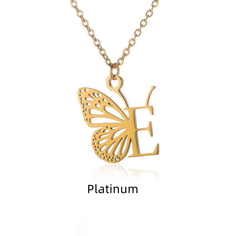 New Personality Niche Design Stainless Steel Butterfly 26 Letter Necklace