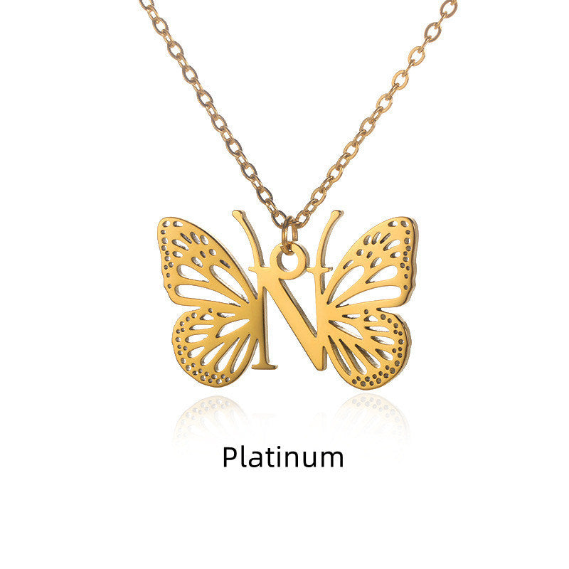 New Personality Niche Design Stainless Steel Butterfly 26 Letter Necklace