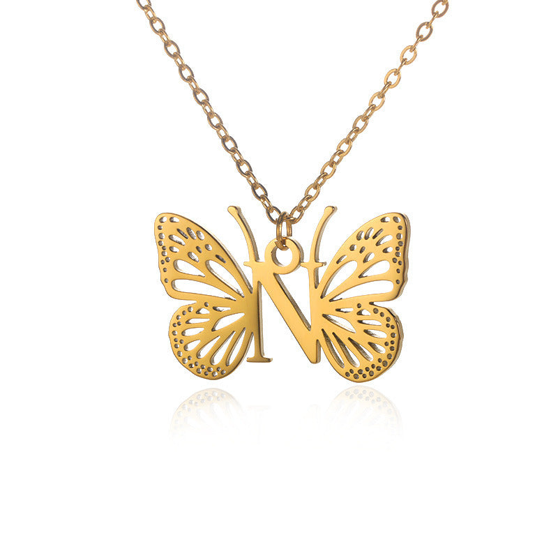 New Personality Niche Design Stainless Steel Butterfly 26 Letter Necklace