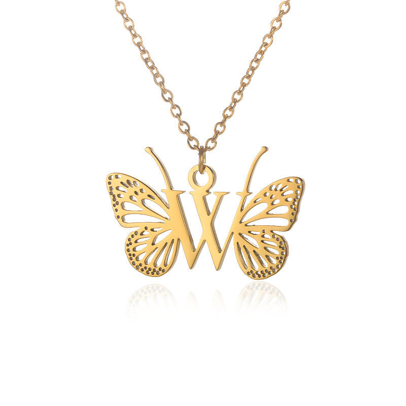 New Personality Niche Design Stainless Steel Butterfly 26 Letter Necklace