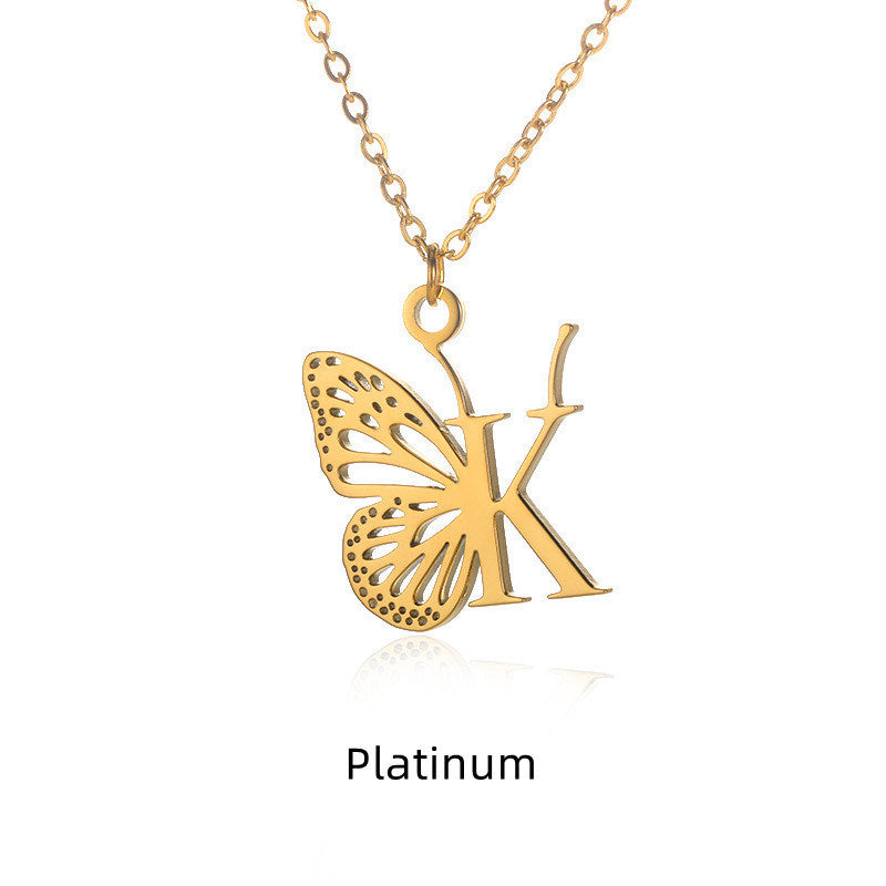 New Personality Niche Design Stainless Steel Butterfly 26 Letter Necklace