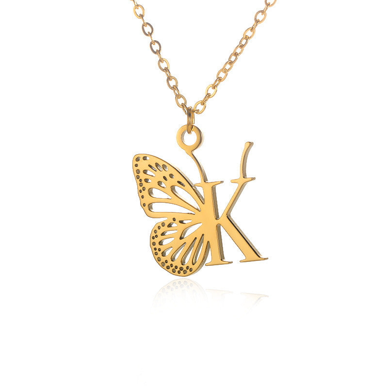 New Personality Niche Design Stainless Steel Butterfly 26 Letter Necklace