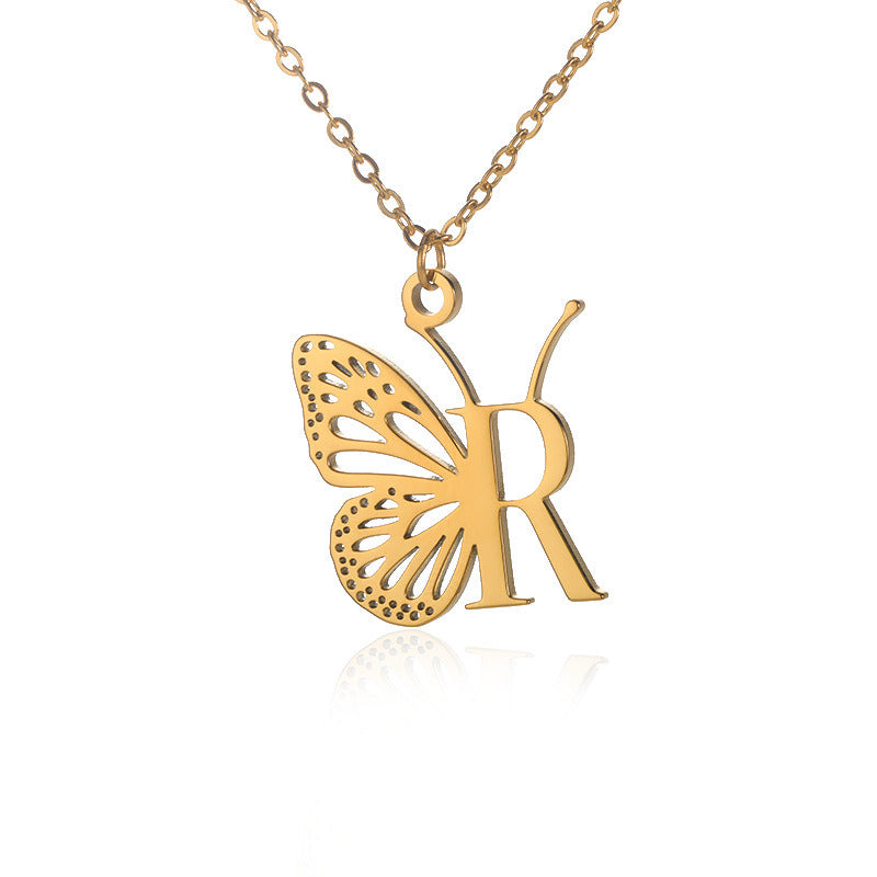 New Personality Niche Design Stainless Steel Butterfly 26 Letter Necklace