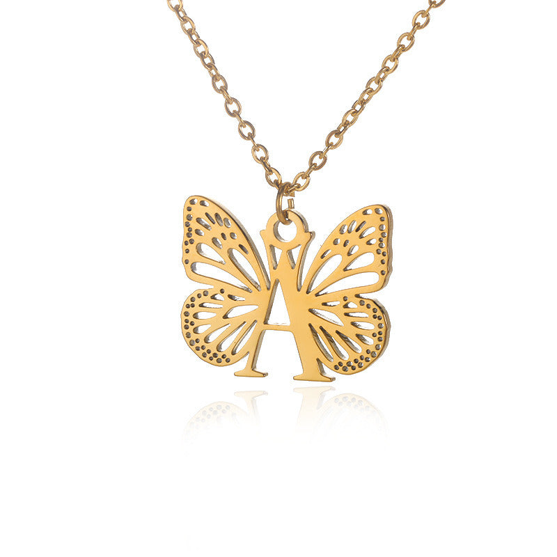 New Personality Niche Design Stainless Steel Butterfly 26 Letter Necklace