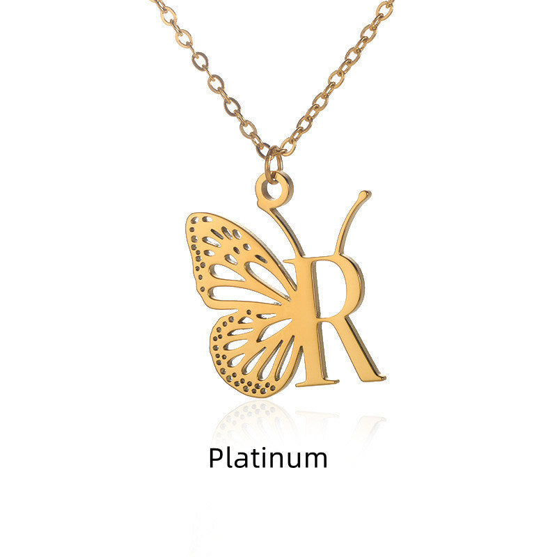 New Personality Niche Design Stainless Steel Butterfly 26 Letter Necklace