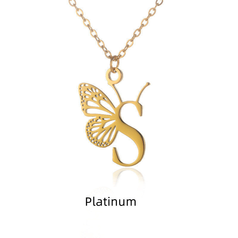 New Personality Niche Design Stainless Steel Butterfly 26 Letter Necklace