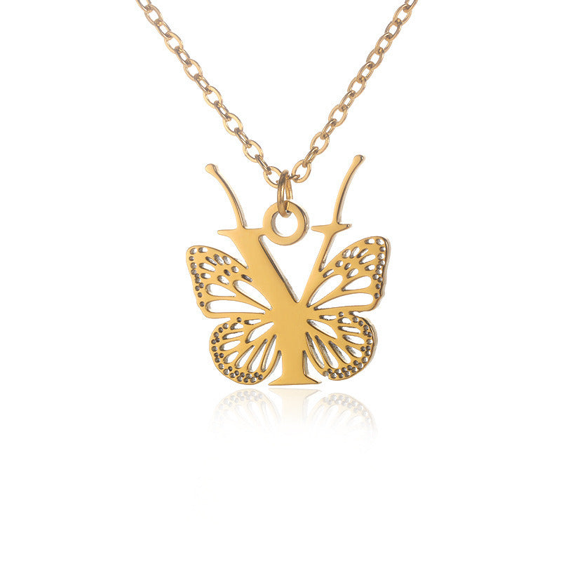 New Personality Niche Design Stainless Steel Butterfly 26 Letter Necklace