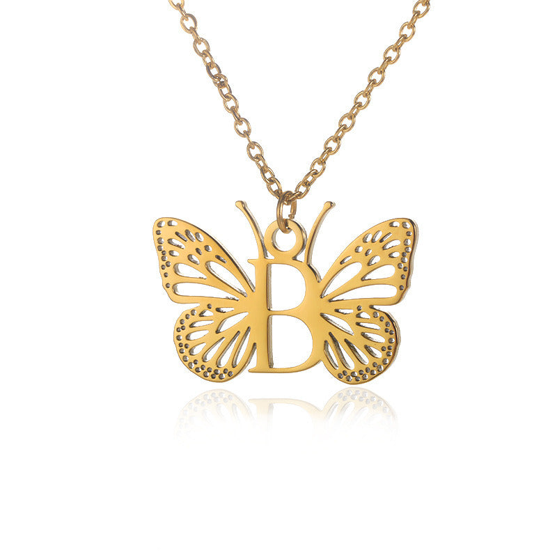 New Personality Niche Design Stainless Steel Butterfly 26 Letter Necklace