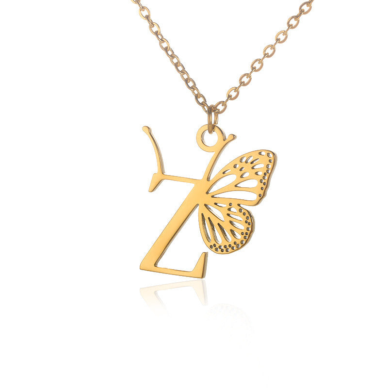 New Personality Niche Design Stainless Steel Butterfly 26 Letter Necklace