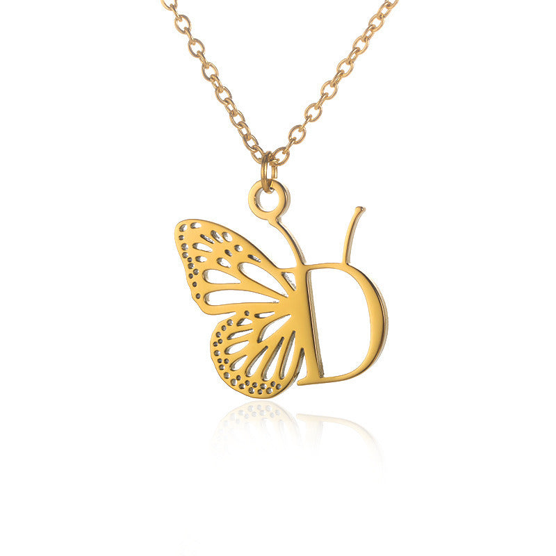 New Personality Niche Design Stainless Steel Butterfly 26 Letter Necklace